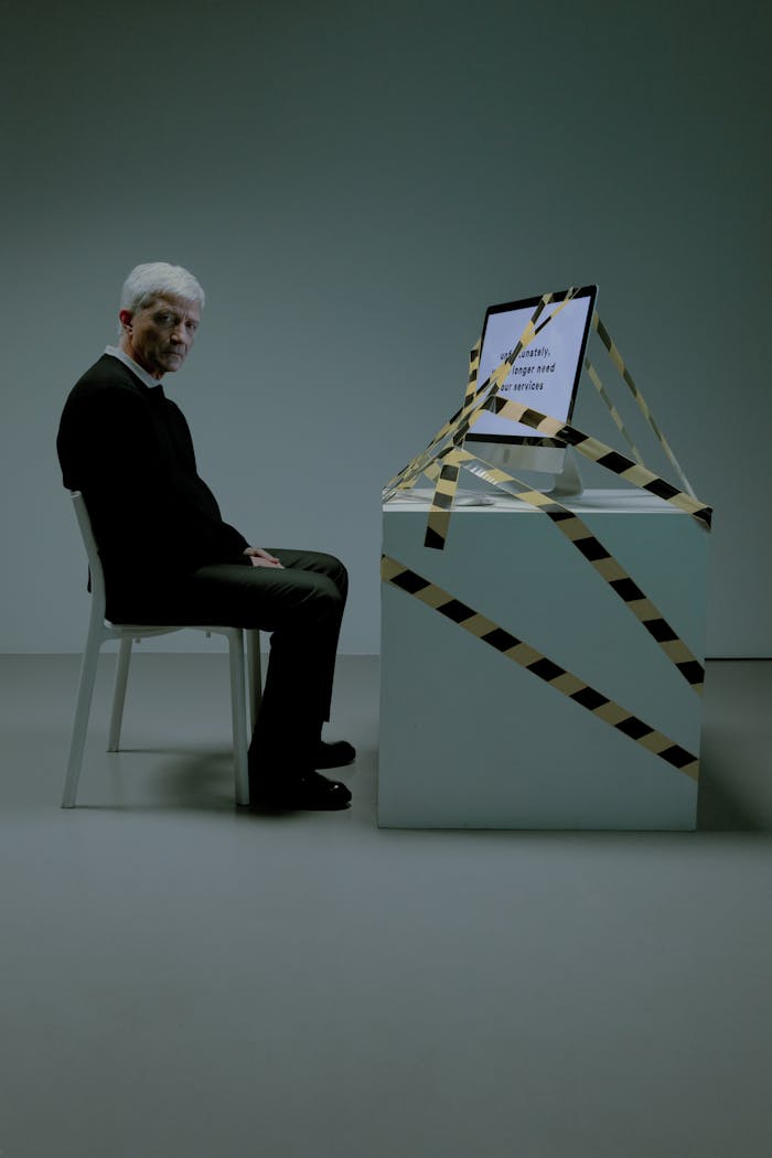 An elderly man sitting in front of computer with information that he is not needed anymore